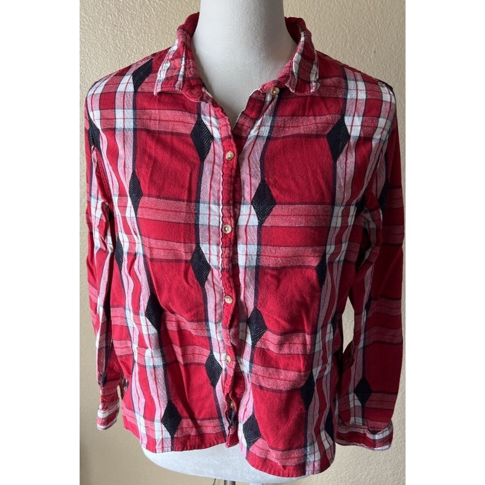 Woolrich Women's Plaid Flannel Button-Up Shirt L Red Black White Cotton